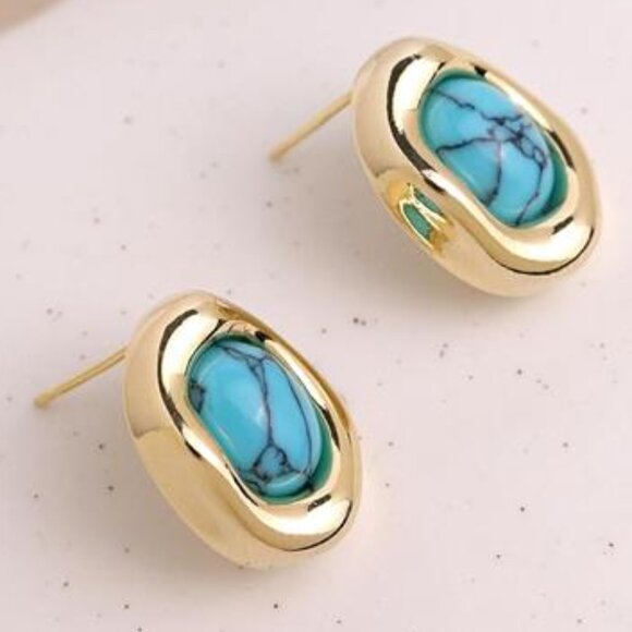 โจ Vintage Turquoise Stud Earrings | 14K Gold Plated Retro Bazel Design โจ - Picture 1 of 5